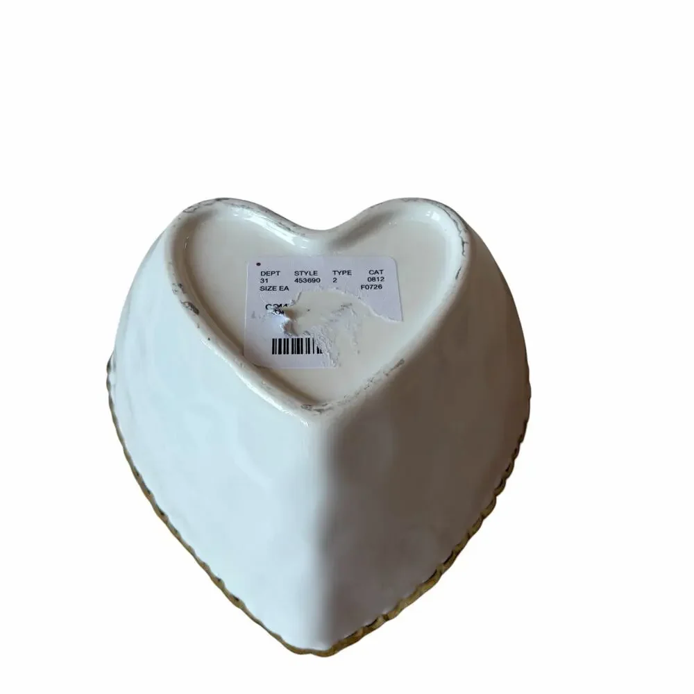 White Heart Shaped Serving Bowl 6in Ceramic w/ Gold Beaded Rim NEW